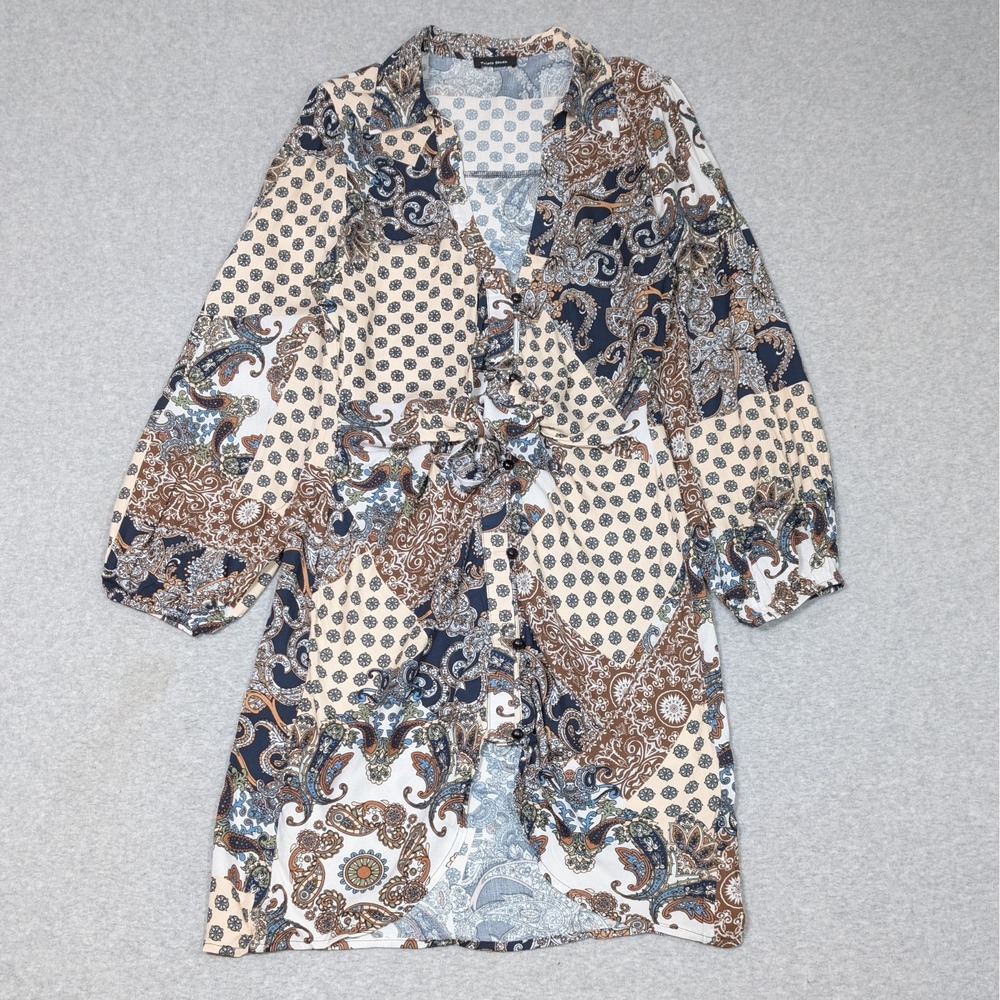Triple Seven Button Front Dress Womens Large Tie Front Multi Paisley Boho New